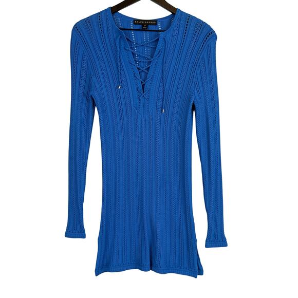 Ralph Lauren Black Label Sweaters - Ralph Lauren Black Label Knit Front Lace-Up Tunic Sweater Blue - Size S